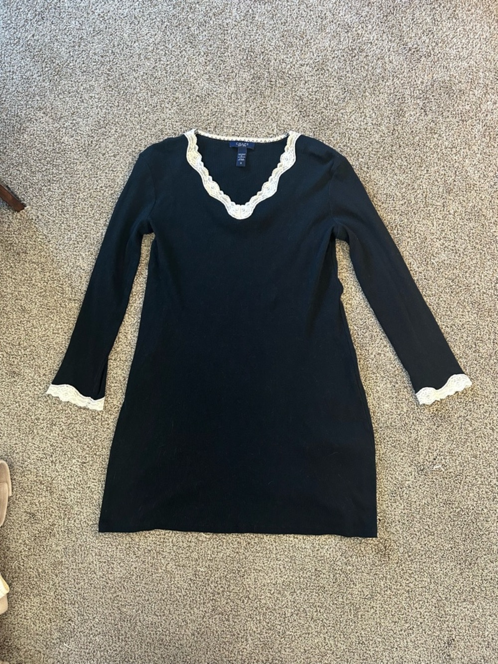 Navy Blue Knit Dress with White Lace Trim